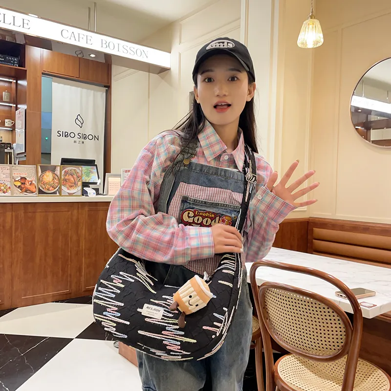 Single Warehouse Canvas Handheld Shoulder Bag Women's White/Pink/Yellow/Black-23