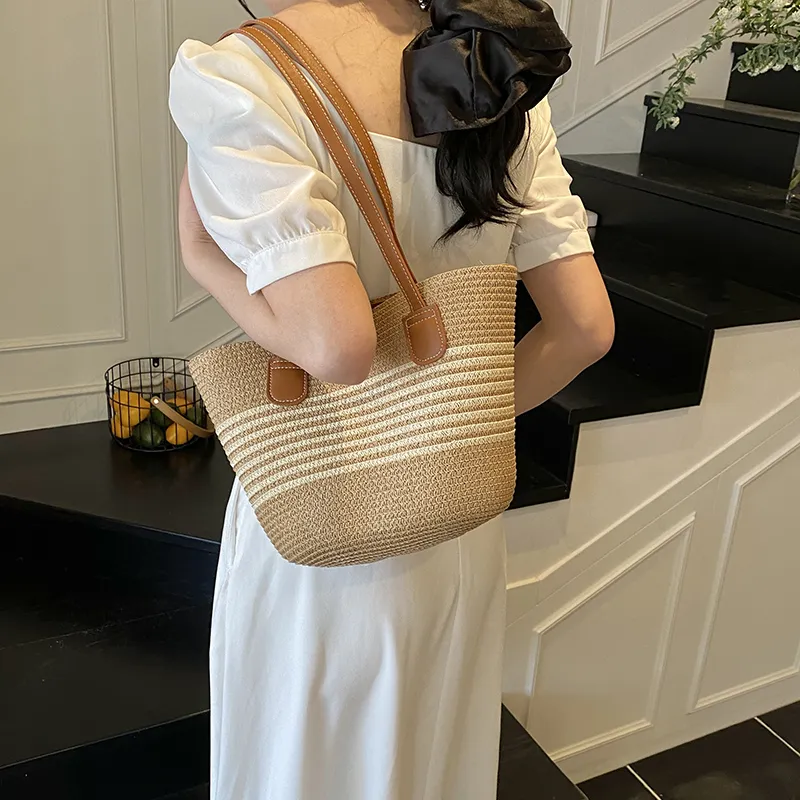 Single Warehouse PU With Straw Woven Shoulder Bag Regular Women's Ecru/Khaki/Khaki & Black-6