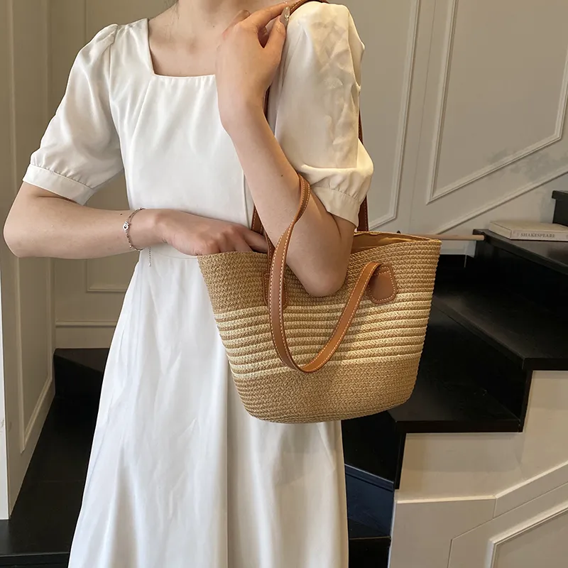 Single Warehouse PU With Straw Woven Shoulder Bag Regular Women's Ecru/Khaki/Khaki & Black-8
