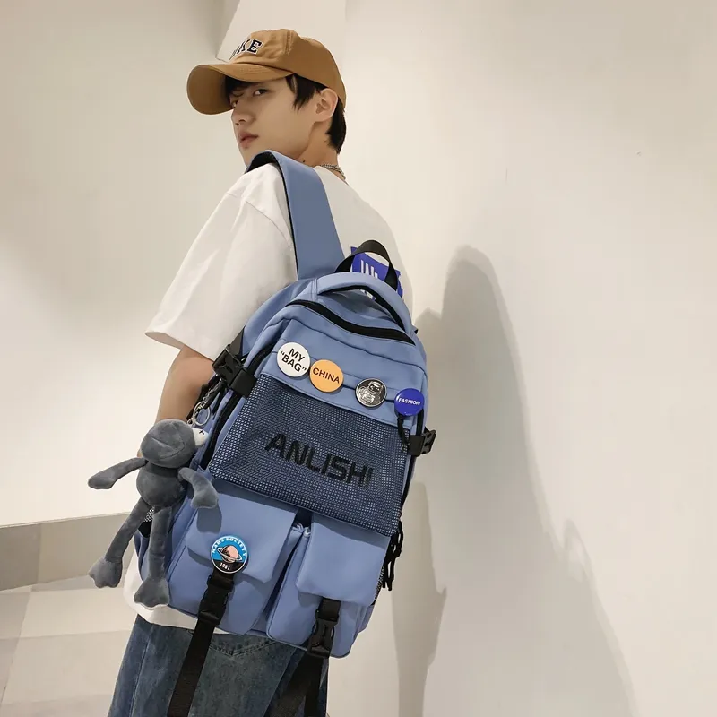 Single Warehouse Nylon Backpack Unisex Black/White/Blue/Gray-8