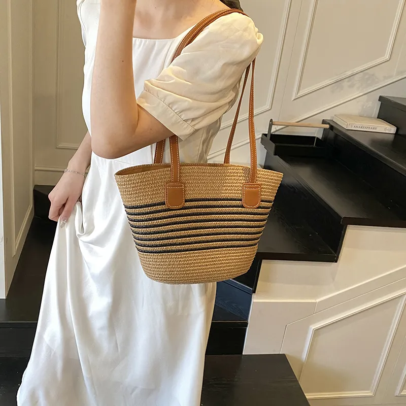 Single Warehouse PU With Straw Woven Shoulder Bag Regular Women's Ecru/Khaki/Khaki & Black-13