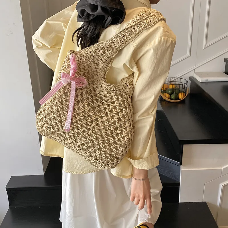 Single Warehouse Straw Woven Shoulder Bag Regular Women's Ecru/Khaki-6