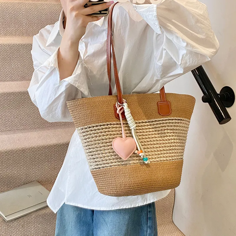 Single Warehouse Woven Tote Handbag, Shoulder Bag Regular Women's Khaki/Ecru/Pink/Green-9