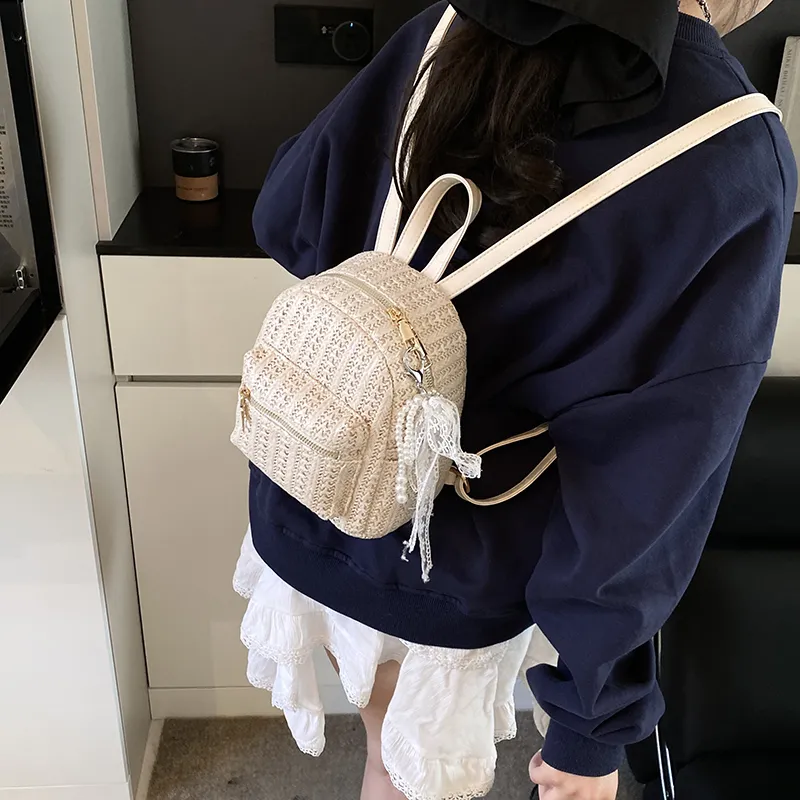 Single Warehouse PU Straw Woven Backpack Women's Ecru/Khaki-3