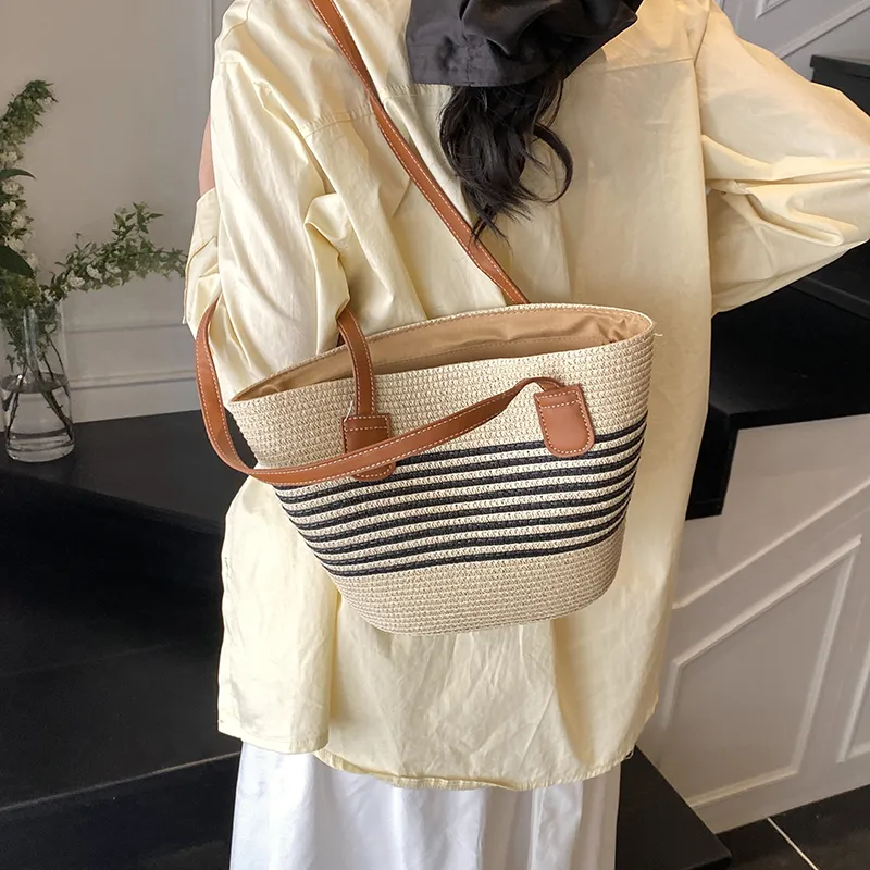 Single Warehouse PU With Straw Woven Shoulder Bag Regular Women's Ecru/Khaki/Khaki & Black-2