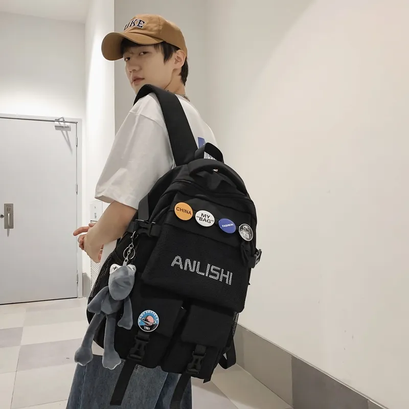 Single Warehouse Nylon Backpack Unisex Black/White/Blue/Gray-19