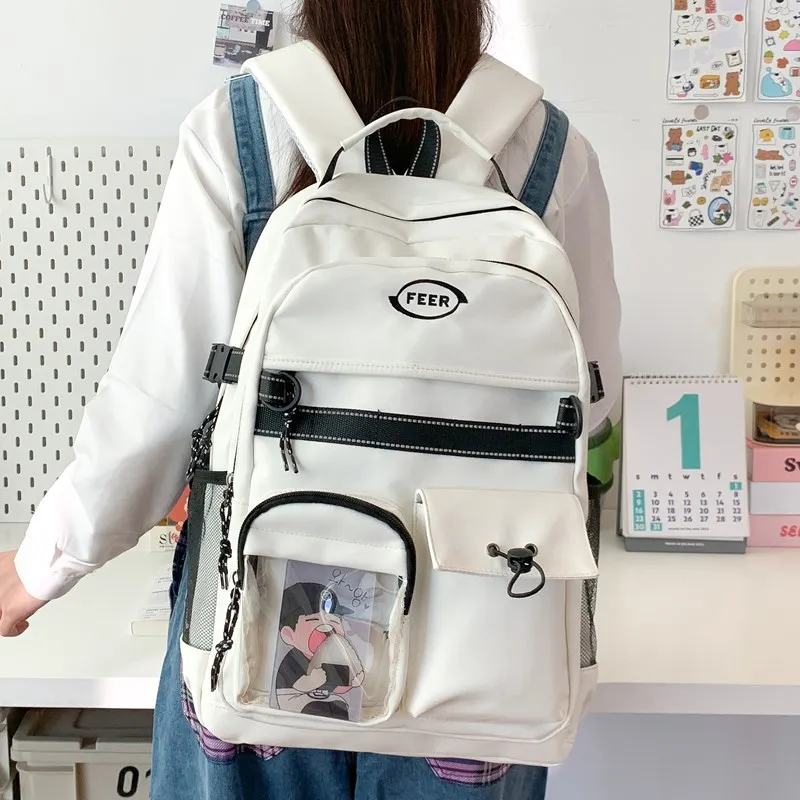 Single Warehouse Composite Cloth Backpack Unisex White/Black-5