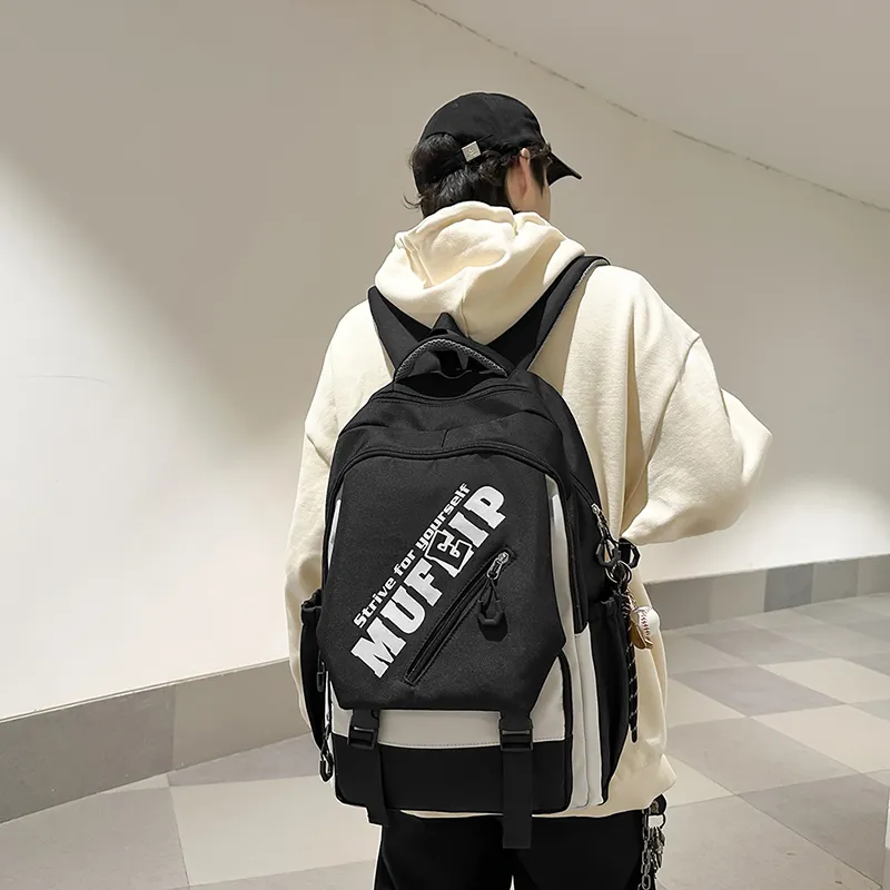 Single Warehouse Nylon Backpack Unisex White/Black/Red-11