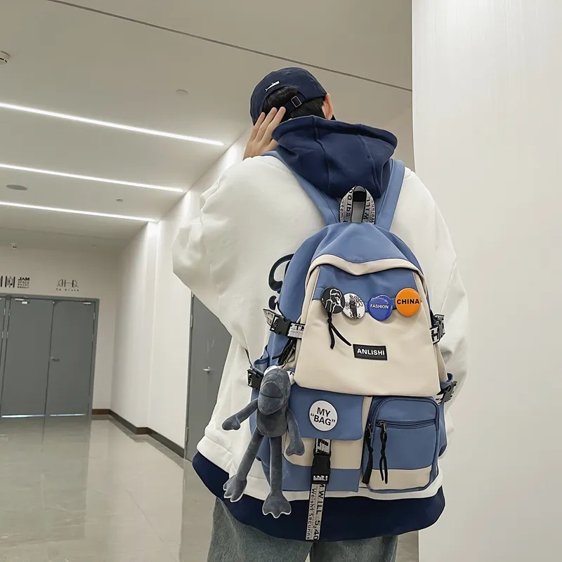 Single Warehouse Nylon Backpack Unisex Gray/Blue/Black & White/Black-12