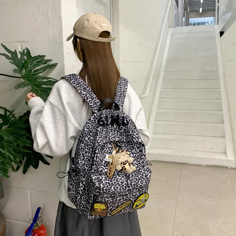 Single Warehouse Composite Cloth Backpack Women's Black/Rose Red/Emerald Green/Black Leopard Print-19