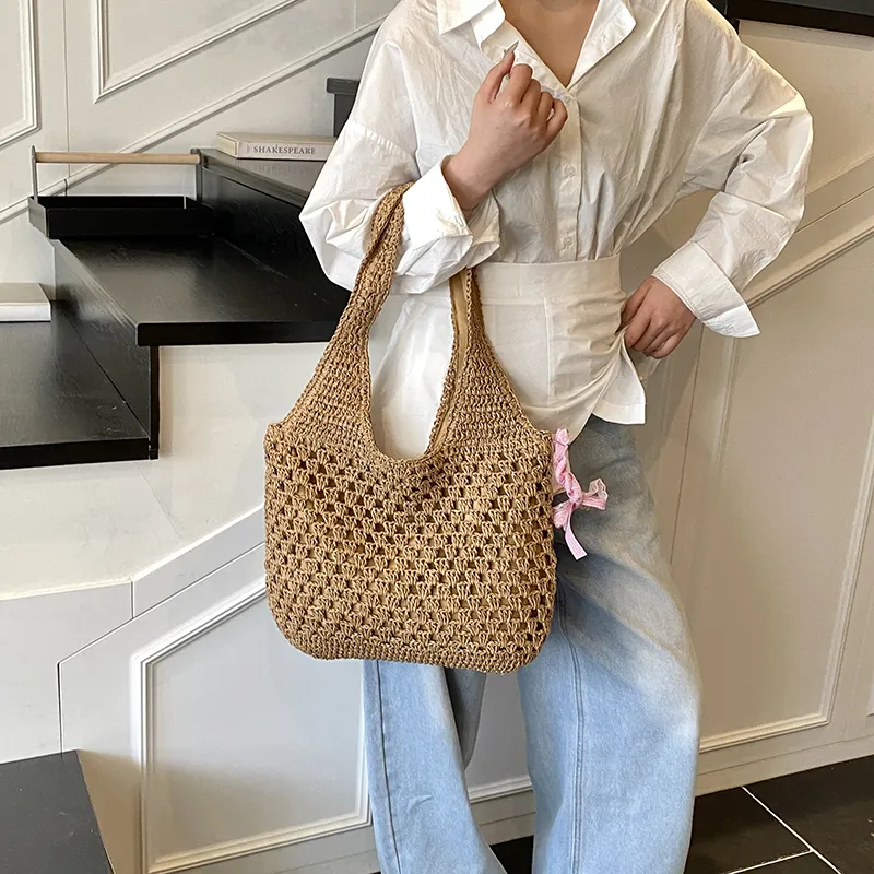 Single Warehouse Straw Woven Shoulder Bag Regular Women's Ecru/Khaki-9