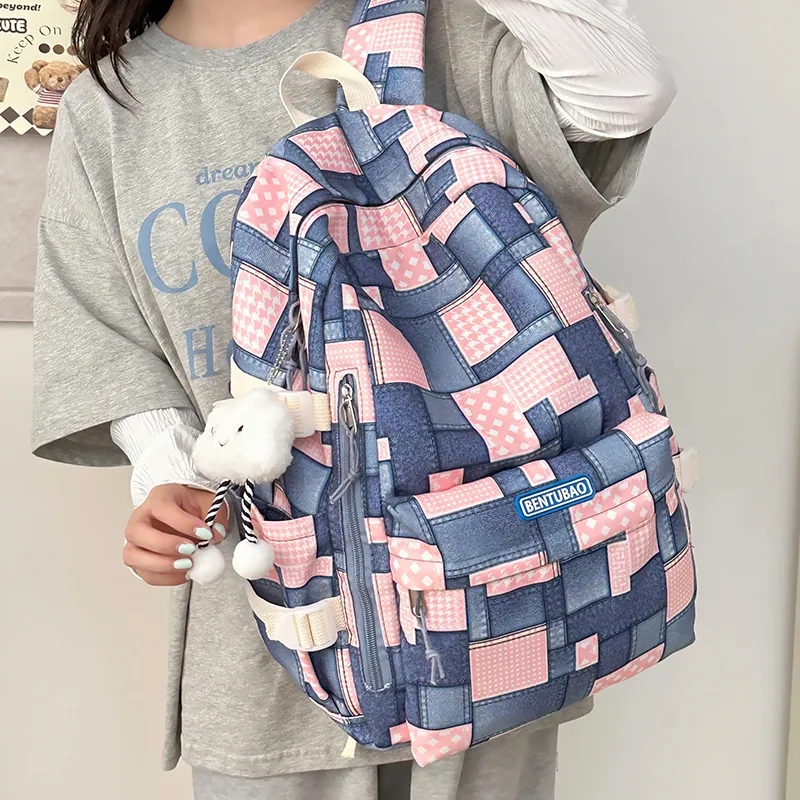 Single Warehouse Denim Backpack Travel Bag Regular Women's Pink/Dark Brown/Blue-5