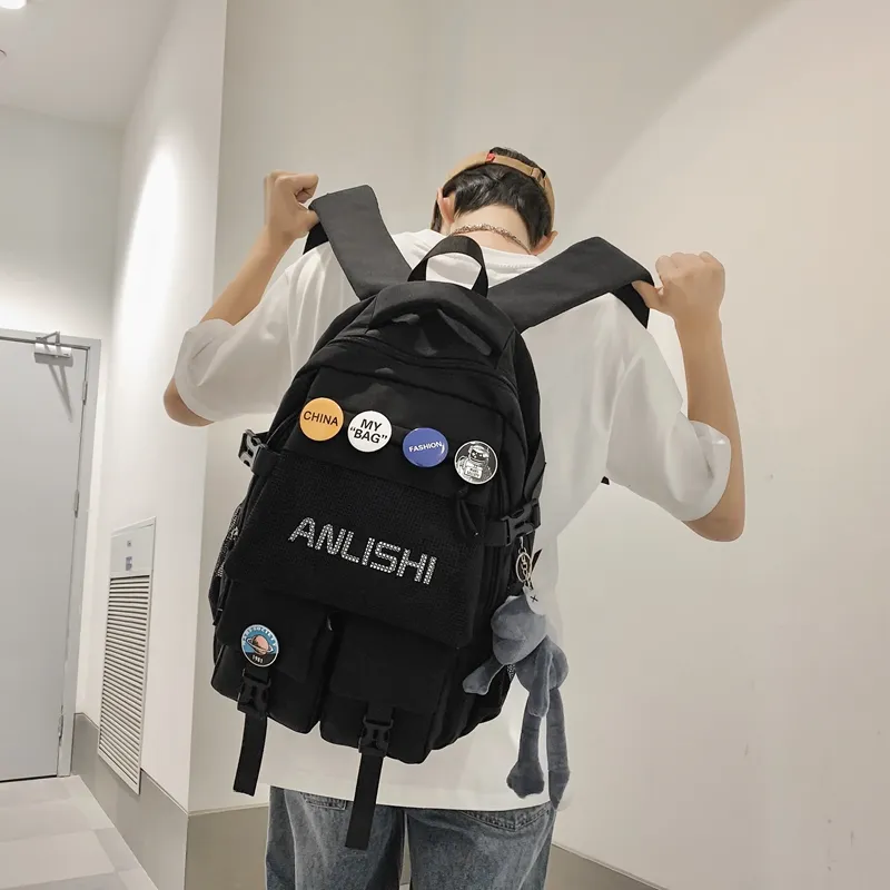Single Warehouse Nylon Backpack Unisex Black/White/Blue/Gray-16