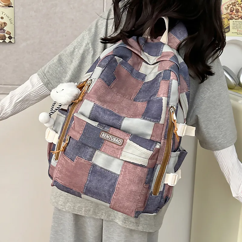 Single Warehouse Denim Backpack Travel Bag Regular Women's Pink/Dark Brown/Blue-10