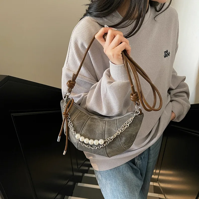 Single Warehouse PU Handheld Shoulder Bag Regular Women's Denim Blue/Dark Tea/Ecru-7