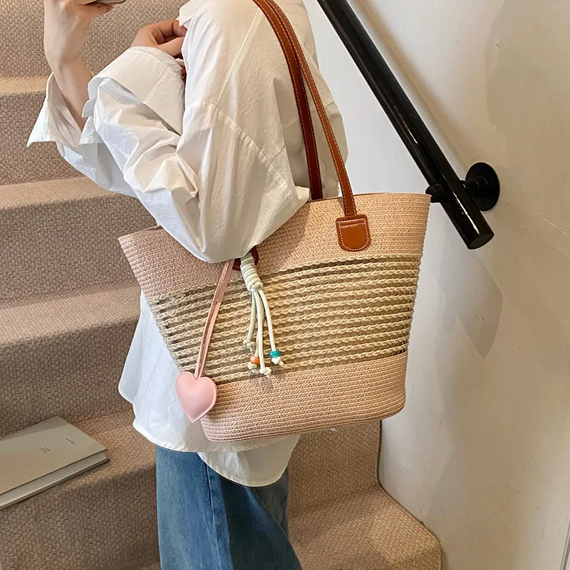 Single Warehouse Woven Tote Handbag, Shoulder Bag Regular Women's Khaki/Ecru/Pink/Green-18