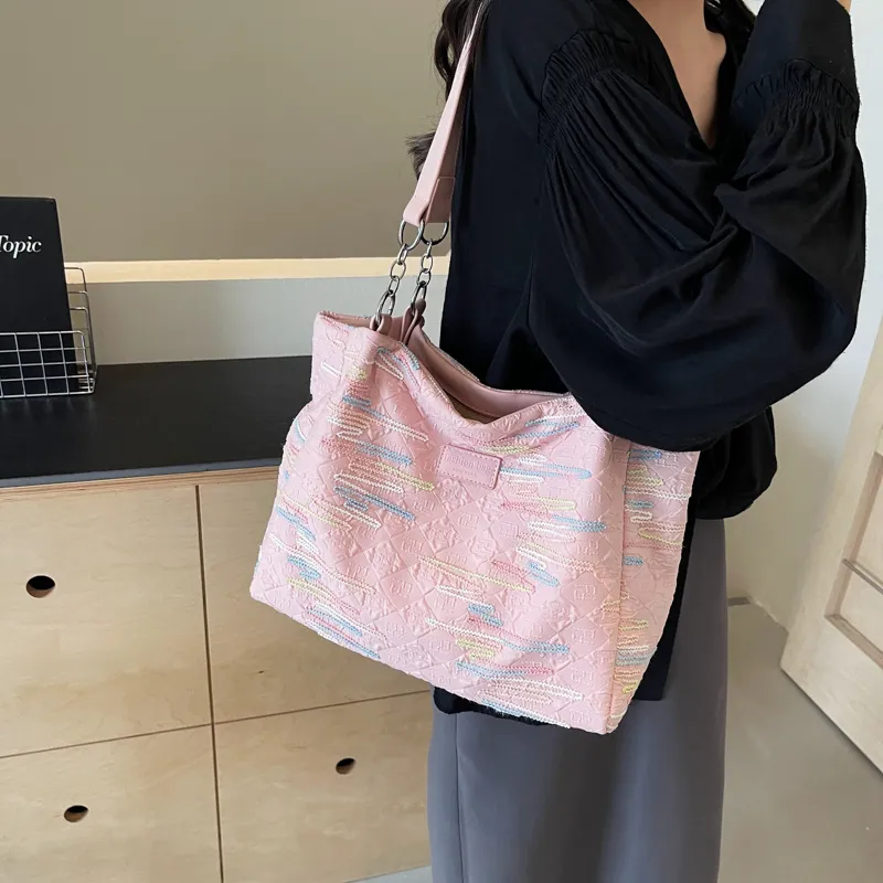 Single Warehouse Fabric Shoulder Bag Tote Women's Ecru/Pink/Black-10