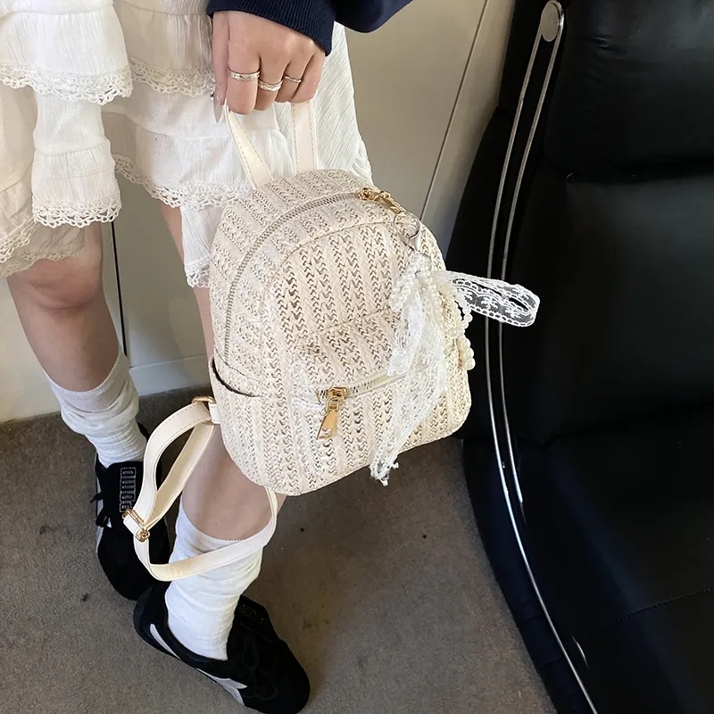 Single Warehouse PU Straw Woven Backpack Women's Ecru/Khaki-6