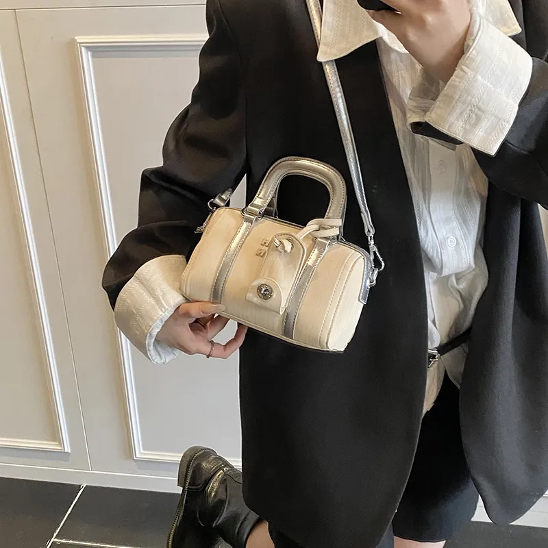 Single Warehouse PU Boston Bag, Shoulder Bag, Crossbody Bag, Handbag Regular Women's Beige-2