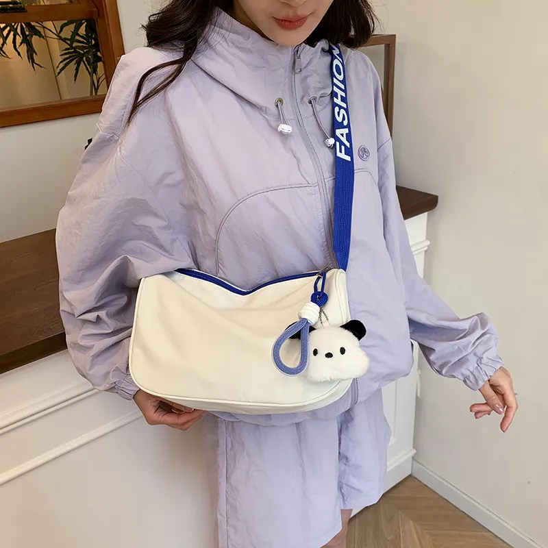 Single Warehouse Polyester Shoulder Bag Unisex White & Blue/White & Black/Black-4
