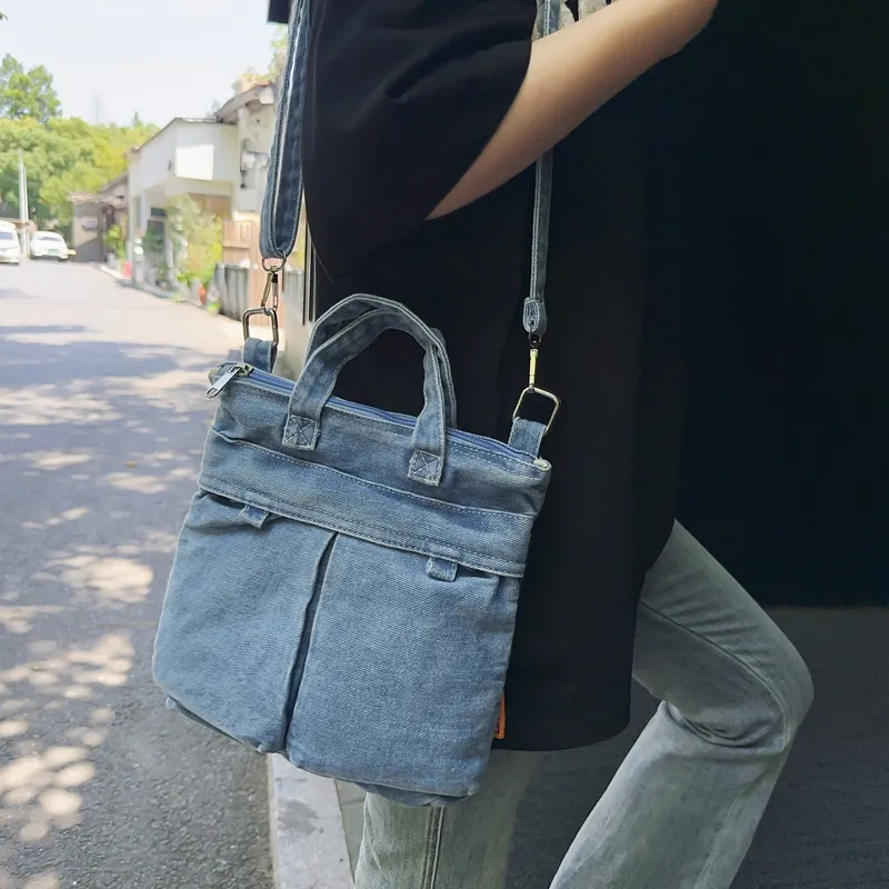 Single Warehouse Denim Crossbody Handbag Unisex Light Blue/Dark Blue-4