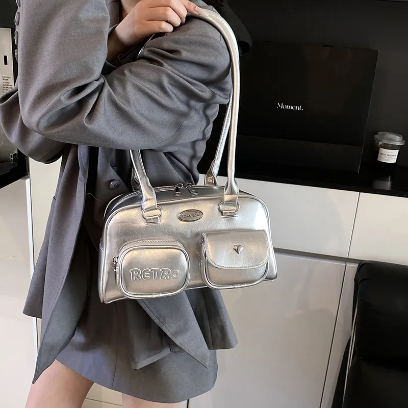 Single Warehouse PU Shoulder Bag Regular Women's Silver/Black/Blue-5