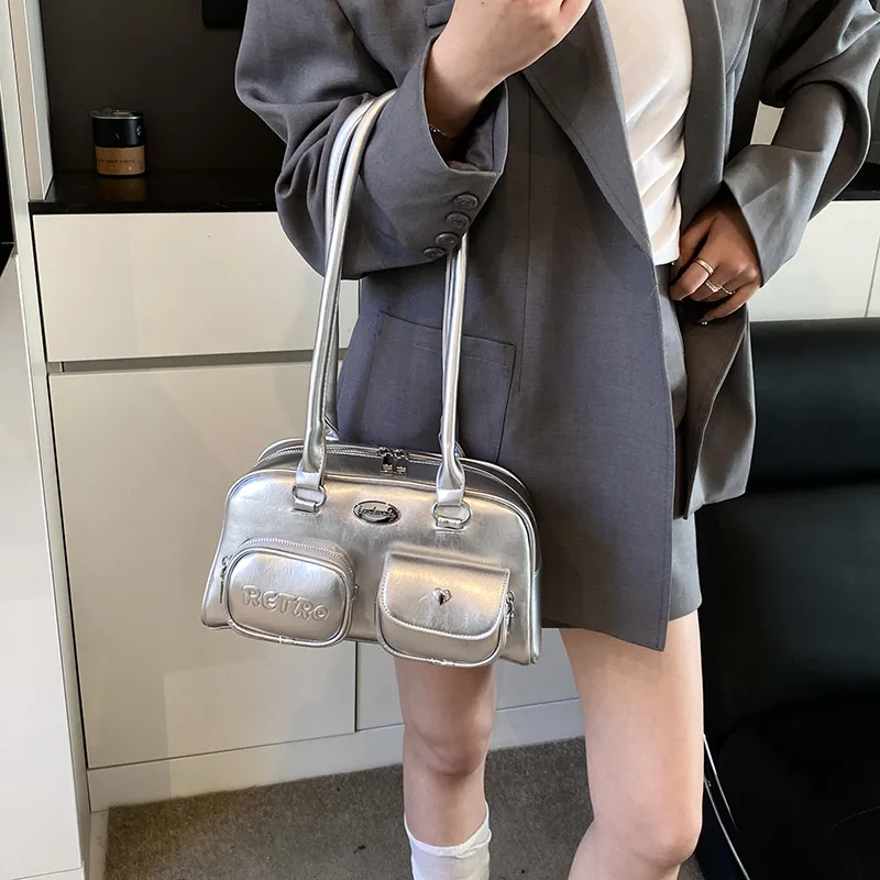 Single Warehouse PU Shoulder Bag Regular Women's Silver/Black/Blue-2
