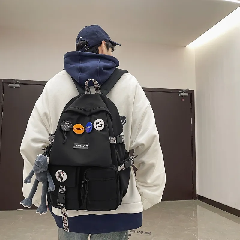 Single Warehouse Nylon Backpack Unisex Gray/Blue/Black & White/Black-23