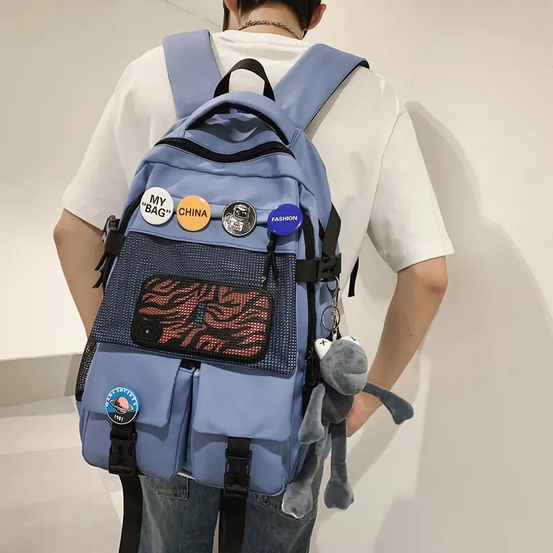 Single Warehouse Nylon Backpack Unisex Black/White/Blue/Gray-7