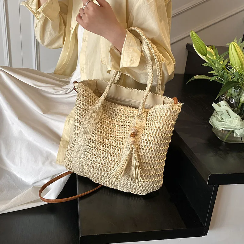 Single Warehouse Straw Woven Portable Crossbody Bag, Shoulder Bag Women's Khaki/Ecru-1