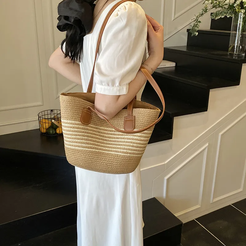 Single Warehouse PU With Straw Woven Shoulder Bag Regular Women's Ecru/Khaki/Khaki & Black-9