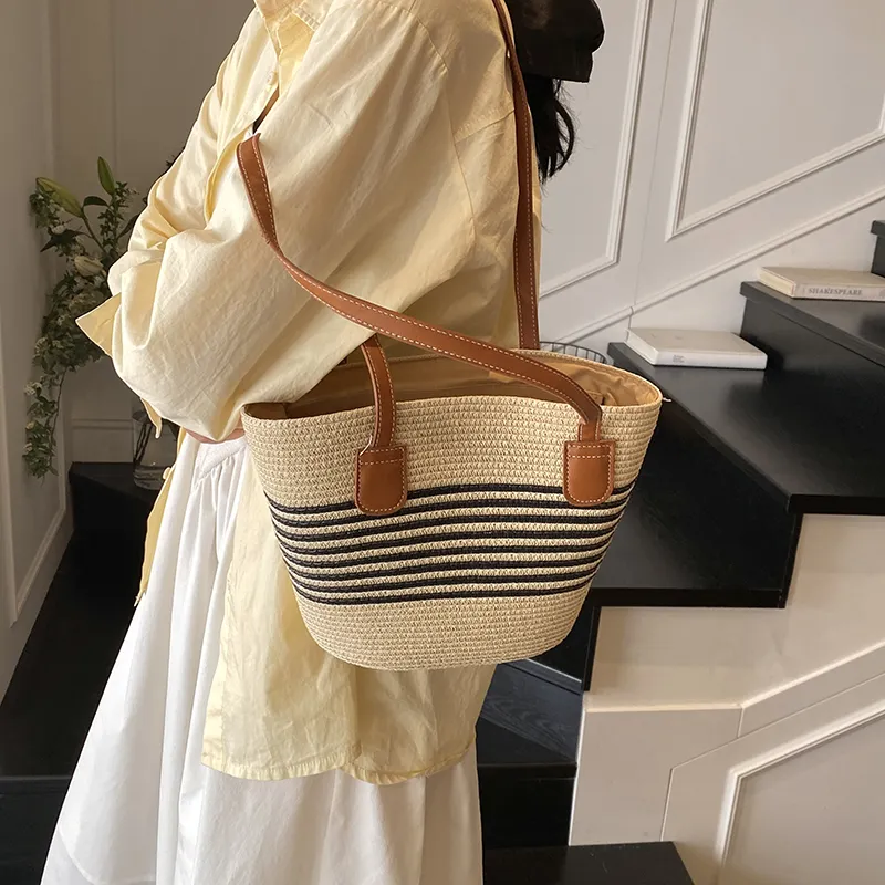 Single Warehouse PU With Straw Woven Shoulder Bag Regular Women's Ecru/Khaki/Khaki & Black-1