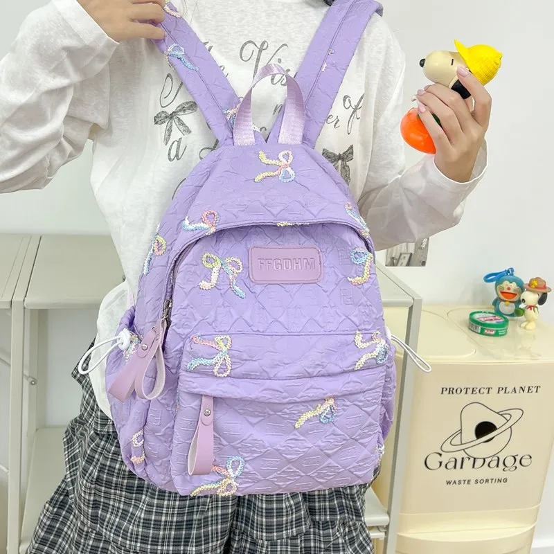 Single Warehouse Composite Cloth Backpack Women's Ecru/Pink/Black/Blue/Purple-24