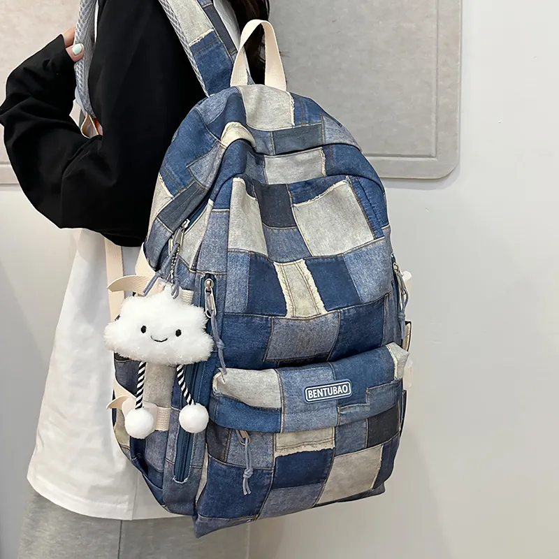 Single Warehouse Denim Backpack Travel Bag Regular Women's Pink/Dark Brown/Blue-18
