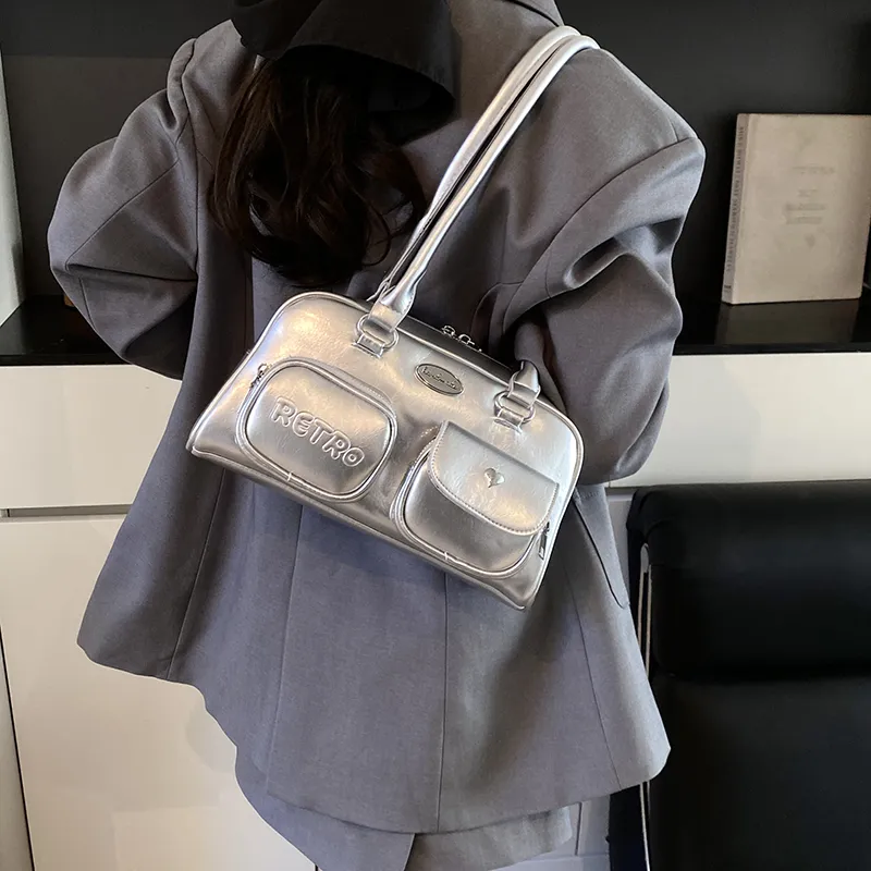 Single Warehouse PU Shoulder Bag Regular Women's Silver/Black/Blue-6