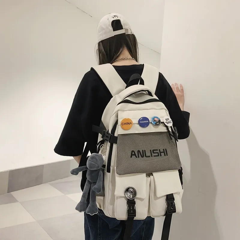 Single Warehouse Nylon Backpack Unisex Black/White/Blue/Gray-5