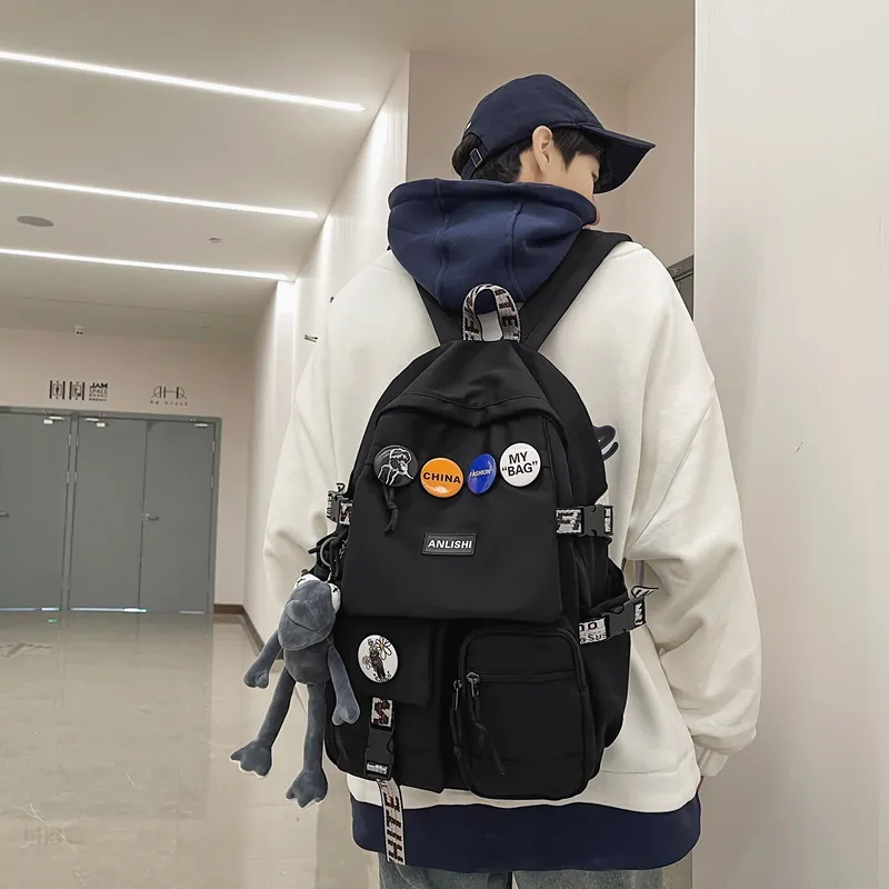 Single Warehouse Nylon Backpack Unisex Gray/Blue/Black & White/Black-21