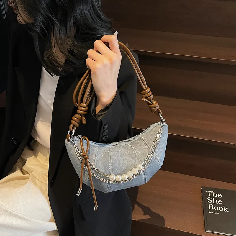 Single Warehouse PU Handheld Shoulder Bag Regular Women's Denim Blue/Dark Tea/Ecru-3