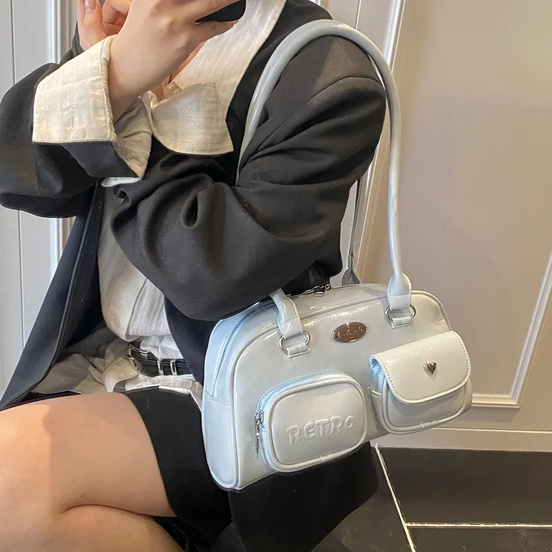 Single Warehouse PU Shoulder Bag Regular Women's Silver/Black/Blue-11