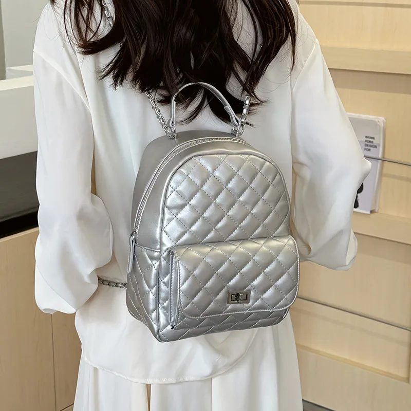 Single Warehouse PU Backpack Women's Ecru/Pink/Silver/Black/Red-49