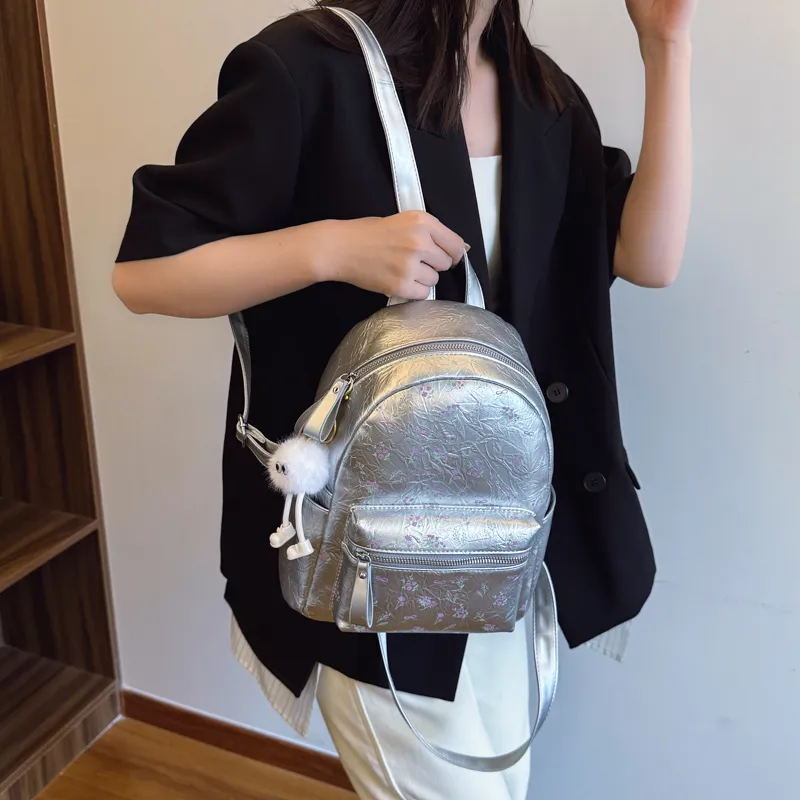 Single Warehouse PU Backpack Women's White/Silver/Black-30