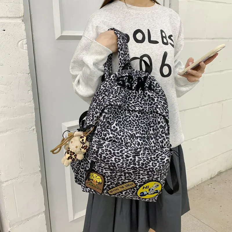 Single Warehouse Composite Cloth Backpack Women's Black/Rose Red/Emerald Green/Black Leopard Print-18