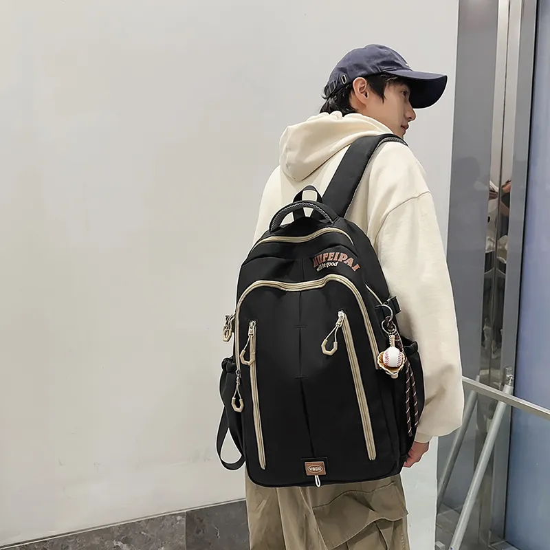 Single Warehouse Nylon Backpack Laptop Bag Unisex White/Red/Black-14