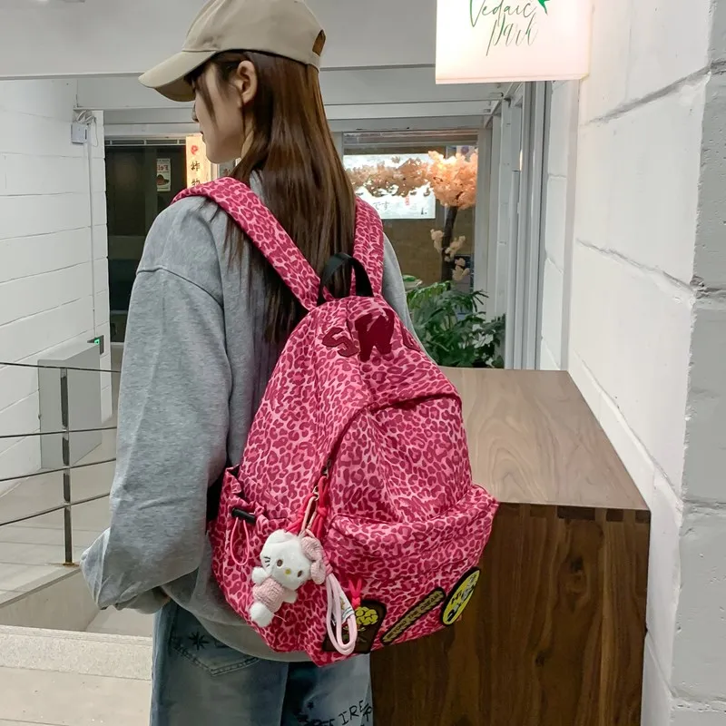 Single Warehouse Composite Cloth Backpack Women's Black/Rose Red/Emerald Green/Black Leopard Print-1