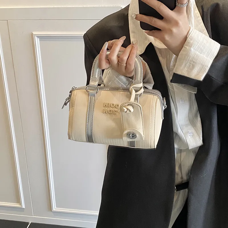 Single Warehouse PU Boston Bag, Shoulder Bag, Crossbody Bag, Handbag Regular Women's Beige-1