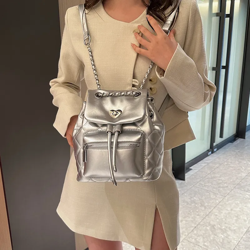 Single Warehouse PU Backpack Regular Women's White/Silver/Black-11