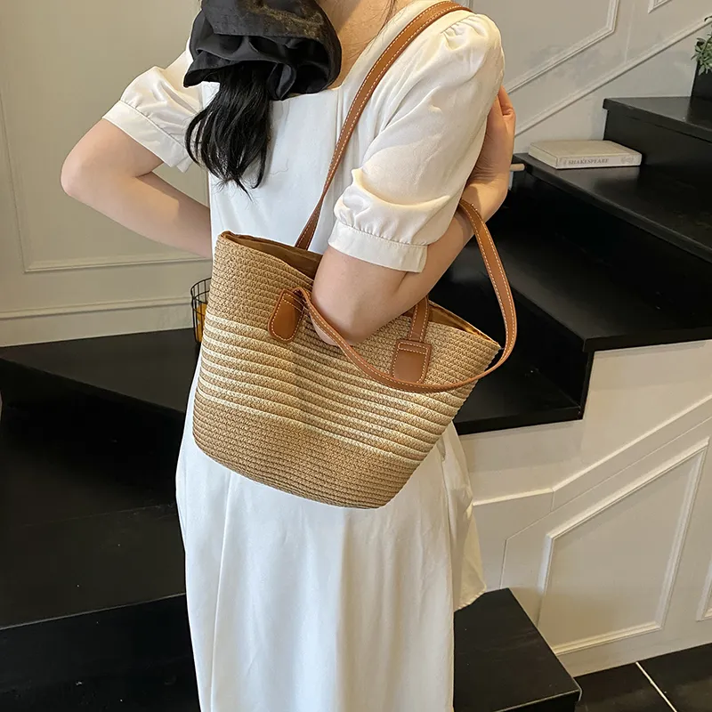 Single Warehouse PU With Straw Woven Shoulder Bag Regular Women's Ecru/Khaki/Khaki & Black-10
