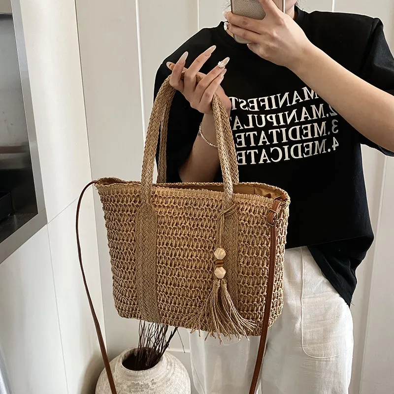 Single Warehouse Straw Woven Portable Crossbody Bag, Shoulder Bag Women's Khaki/Ecru-7