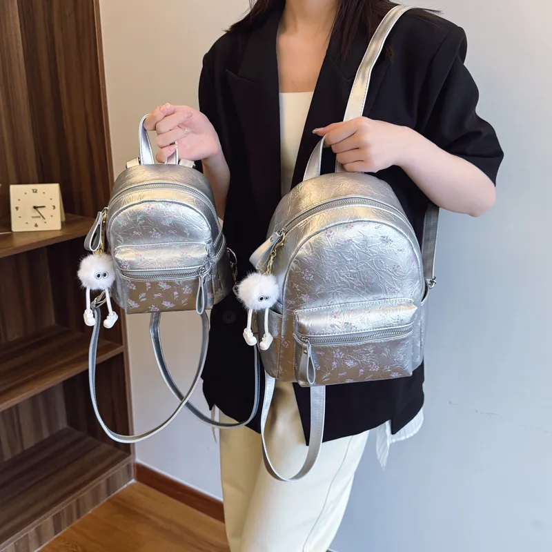 Single Warehouse PU Backpack Women's White/Silver/Black-12