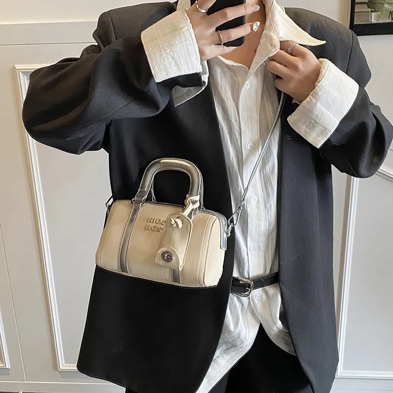 Single Warehouse PU Boston Bag, Shoulder Bag, Crossbody Bag, Handbag Regular Women's Beige-4
